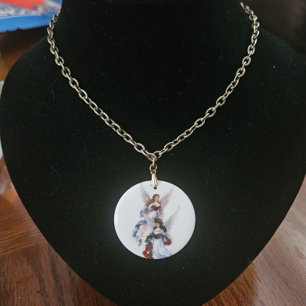 Vintage Porcelain Angel Pendant Chain Necklace Fairies